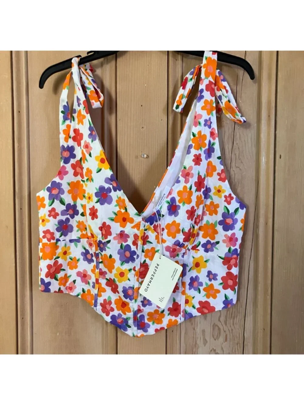 Peppermayo x Revolve Womens Floral Linen Bustier Tie Top Size 12 White SP NWT - Picture 3 of 12